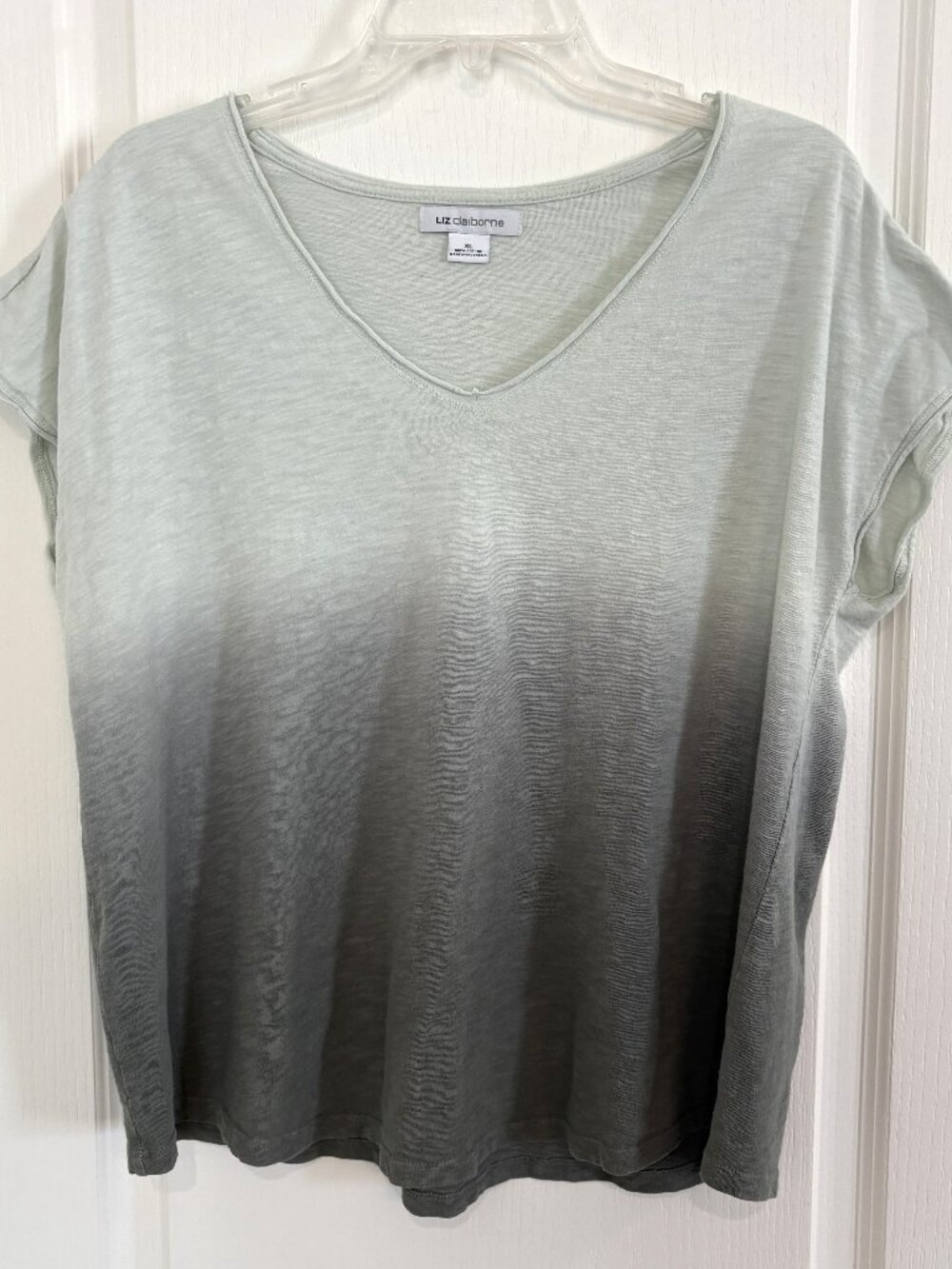 Liz Claiborne Ombre Slub Knit T-Shirt Short Sleeve Cotton V-neck Top Tee Green